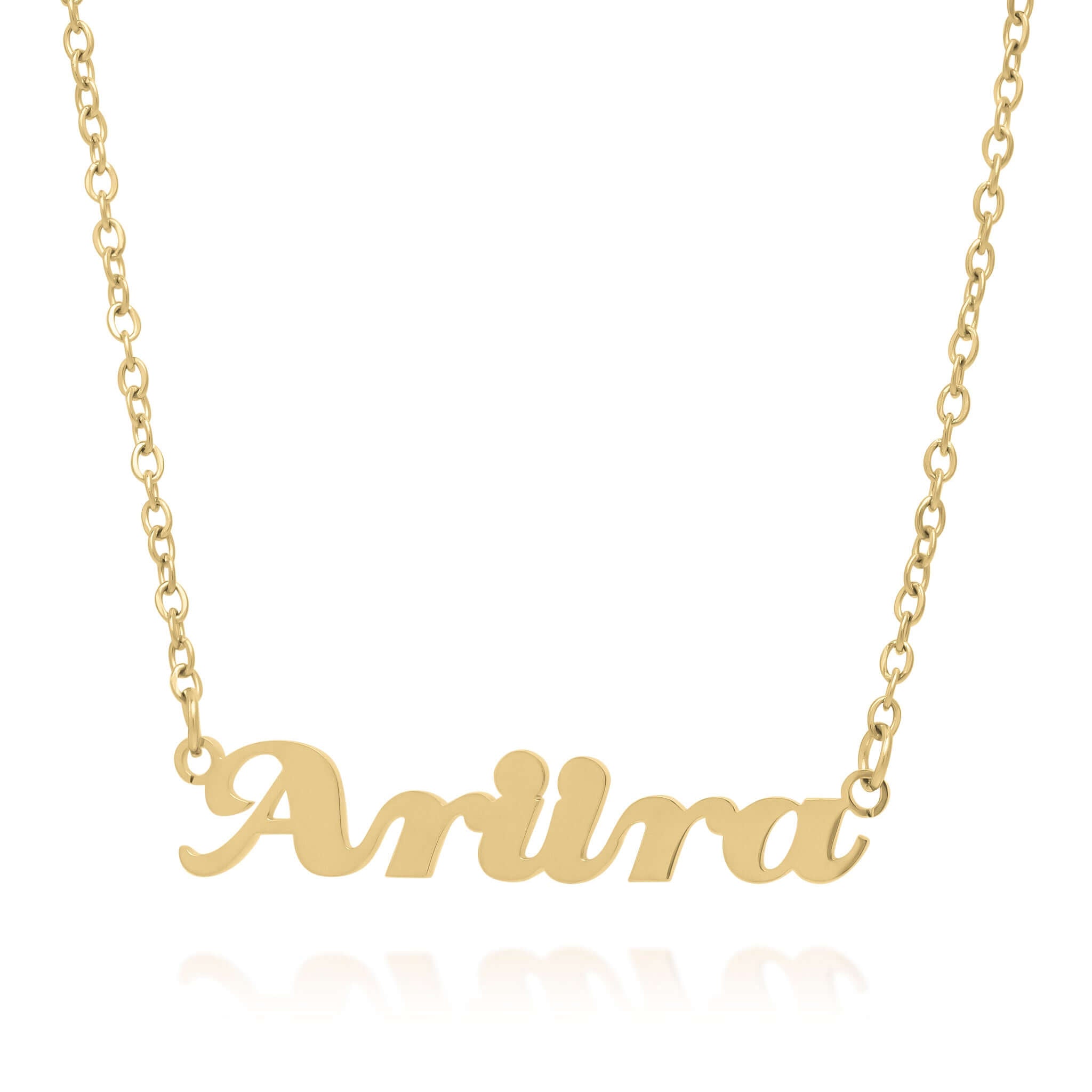 Elegant Alina Cursive custom name necklace featuring the name 'Ariira' in gold script.