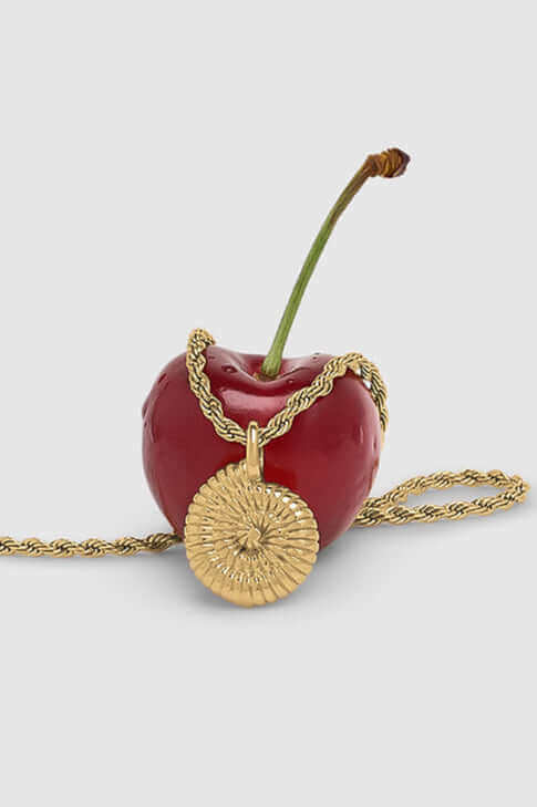 Red cherry with a gold pendant necklace artfully displayed, highlighting unique jewelry design.
