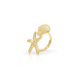Mira Starfish and Shell Pearl Ring by ARIIRA, ocean-inspired design in waterproof gold, featuring a textured starfish and pearl.