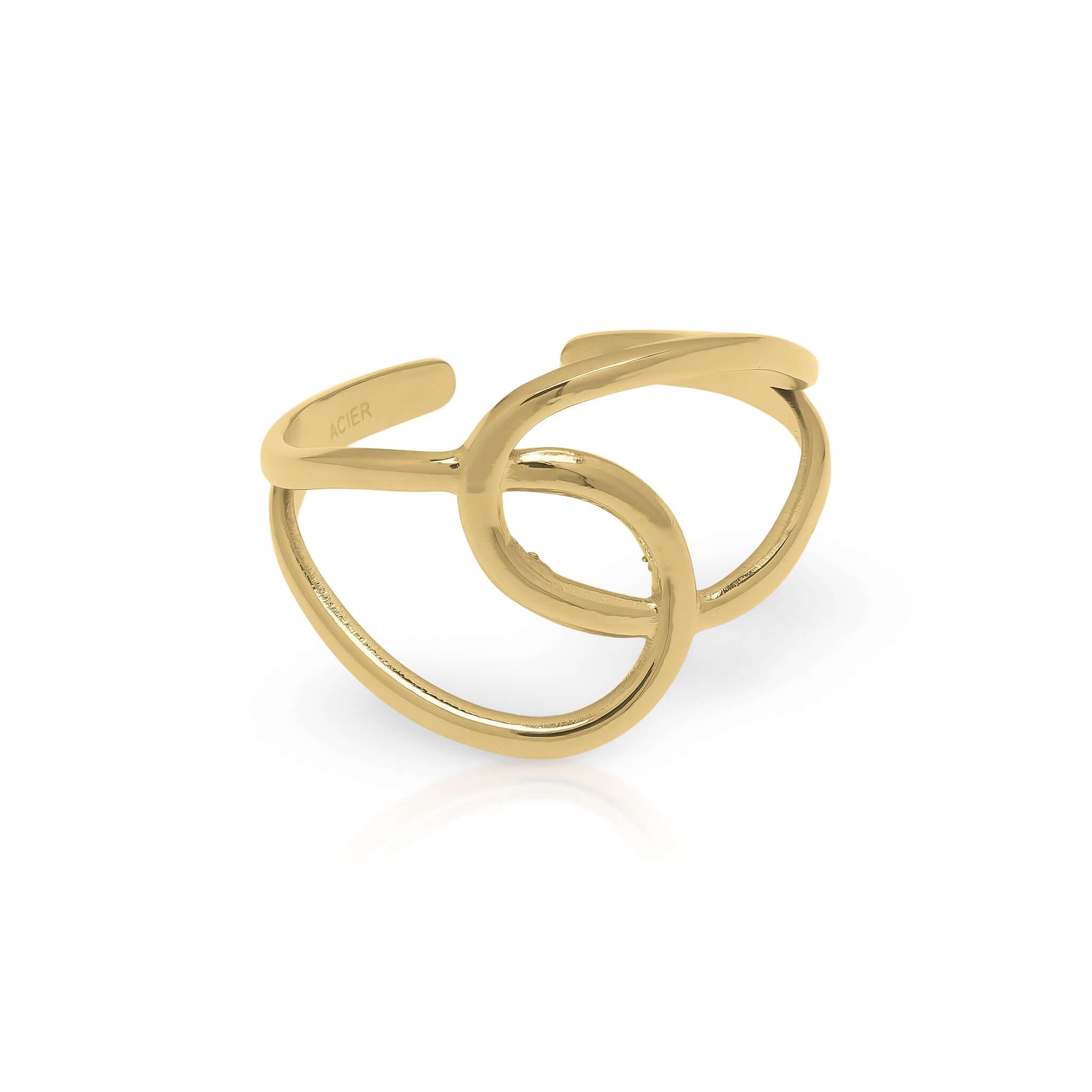 Amina Swirl Statement Ring by ARIIRA, featuring soft curves and a fluid design in gold finish.