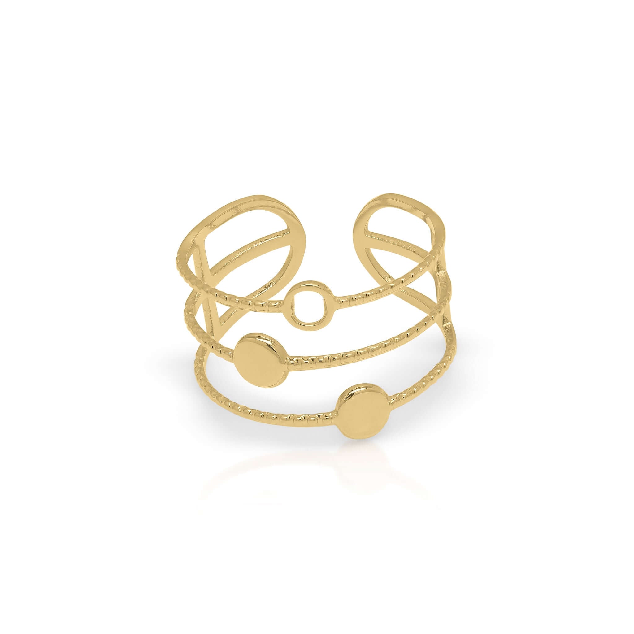 Lyla Orbit Open Ring by ARIIRA, featuring an open wrap design with orbiting discs for a cosmic, elegant look.