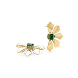 Leila Green Gemstone Flower Earrings by ARIIRA, featuring gold petals and a vibrant green gemstone centerpiece.