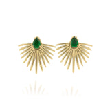 Alina Emerald Radiance Fan Earrings featuring pear-cut green gemstone and gold-plated fan design.