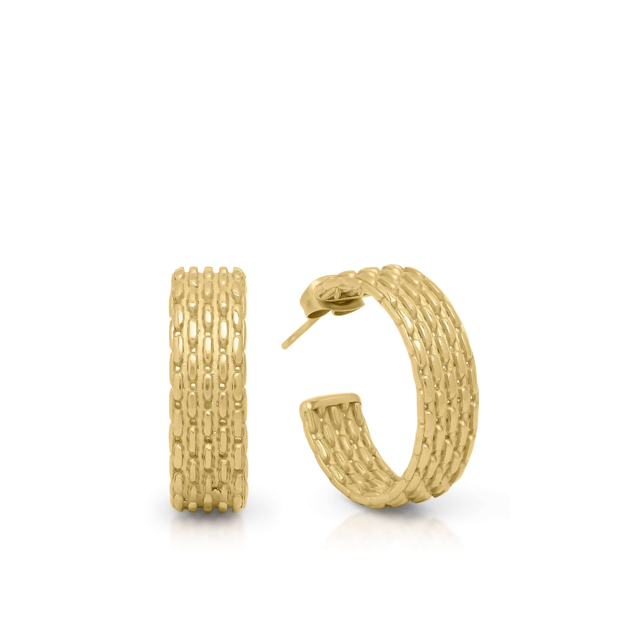 Bold Lyra Gold Textured Hoop Earrings by ARIIRA, featuring intricate woven texture and a modern silhouette.