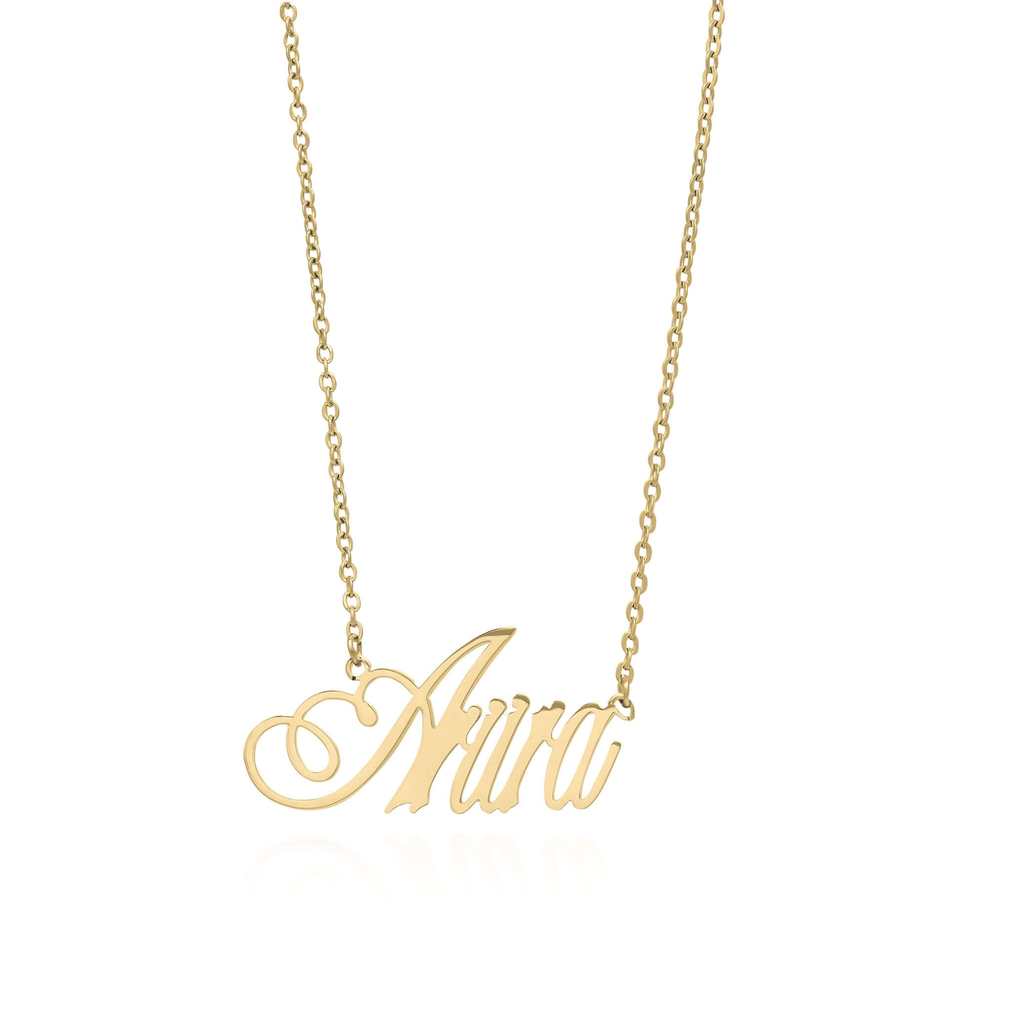 Lina Luxe Script custom name necklace featuring 'Ariira' in elegant gold script.