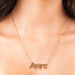 Personalized Sofia Custom Nameplate Necklace with 'Ariira' in gold script.