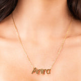 Personalized Sofia Custom Nameplate Necklace with 'Ariira' in gold script.