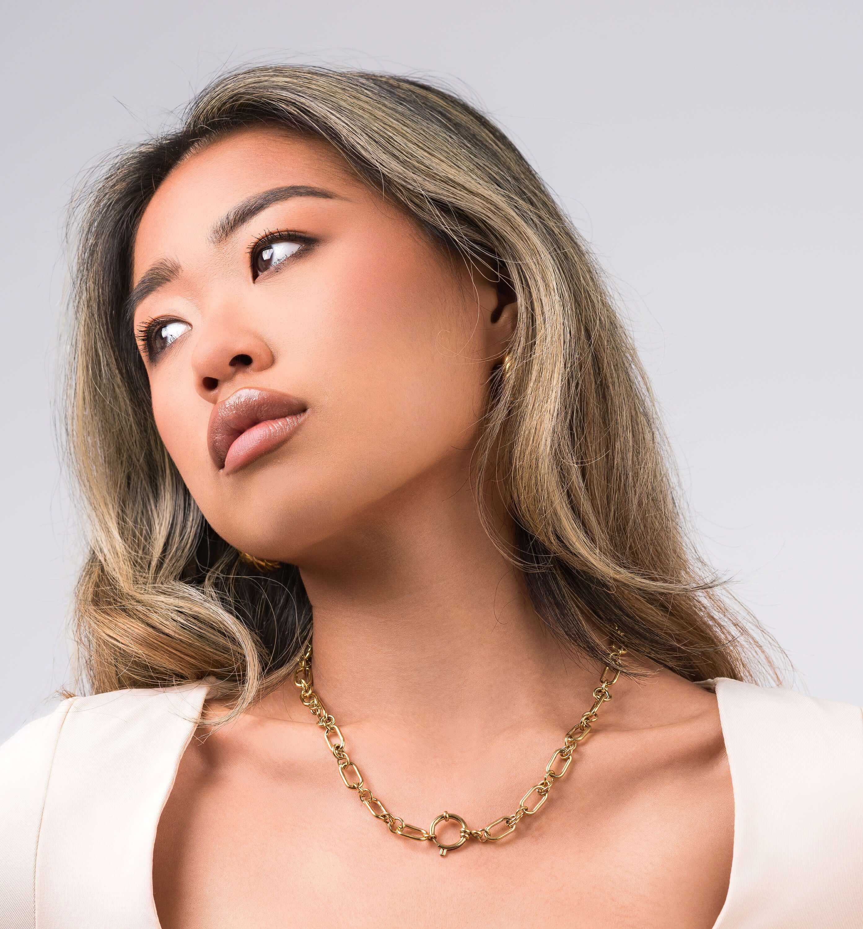 Elina Chunky Link Toggle Chain Necklace by ARIIRA, showcasing bold links and a stylish toggle clasp, perfect for a confident look.