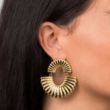 Layali Sculpted Fan Drop Earrings by ARIIRA, bold gold earrings with sculpted fan design, perfect for adding elegance.
