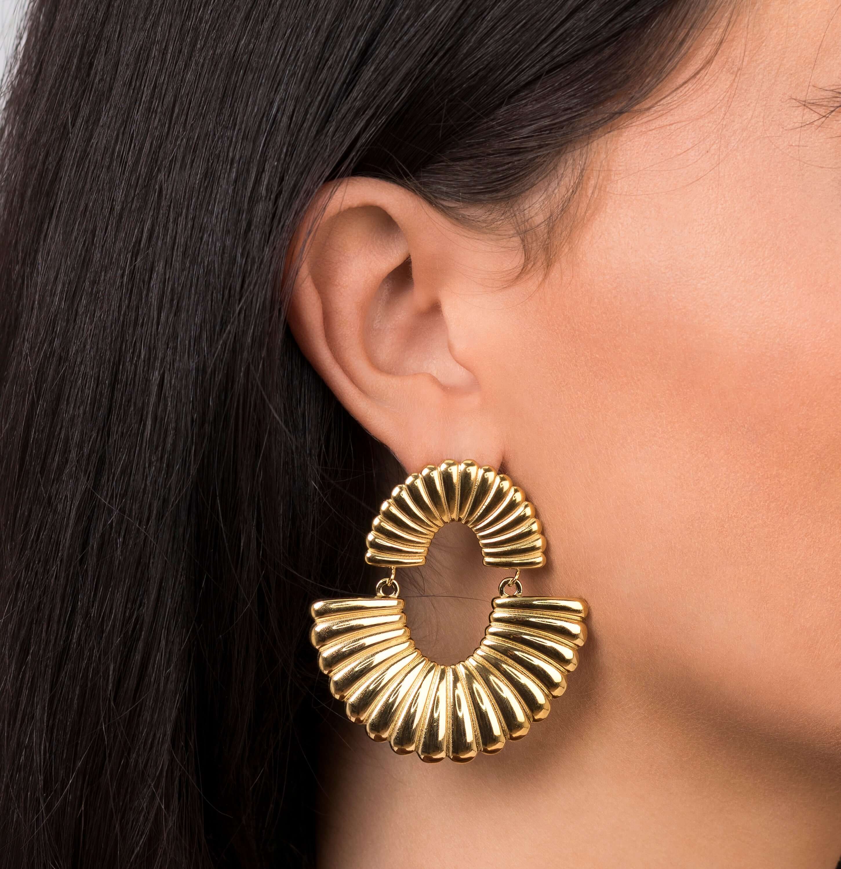 Layali Sculpted Fan Drop Earrings by ARIIRA, bold gold earrings with sculpted fan design, perfect for adding elegance.