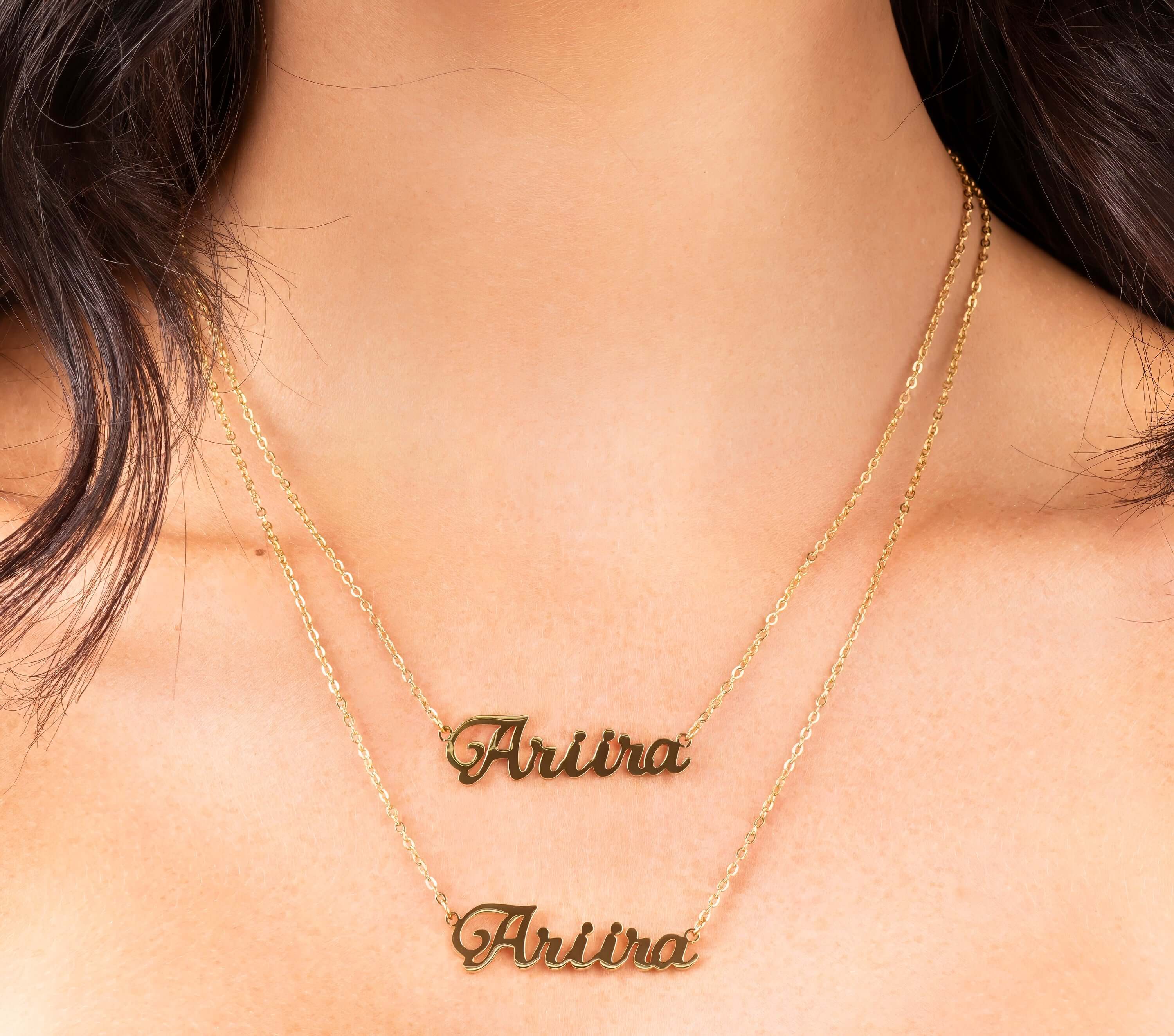 Ediza double layer custom name necklace with gold finish featuring two 'Ariira' name chains.
