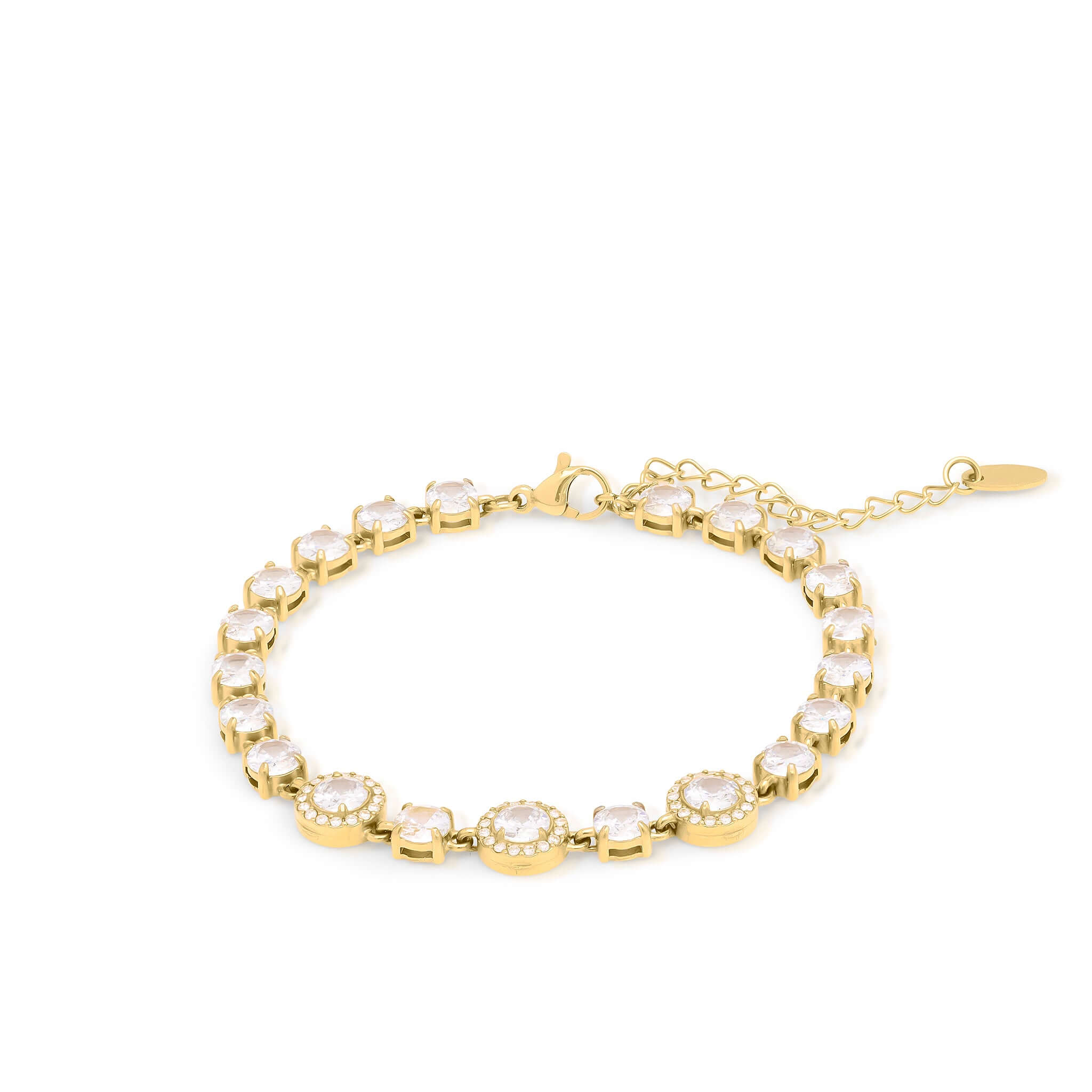 Amira Gold Diamante Tennis Bracelet featuring gold-plated stainless steel and shimmering stones for an elegant touch.