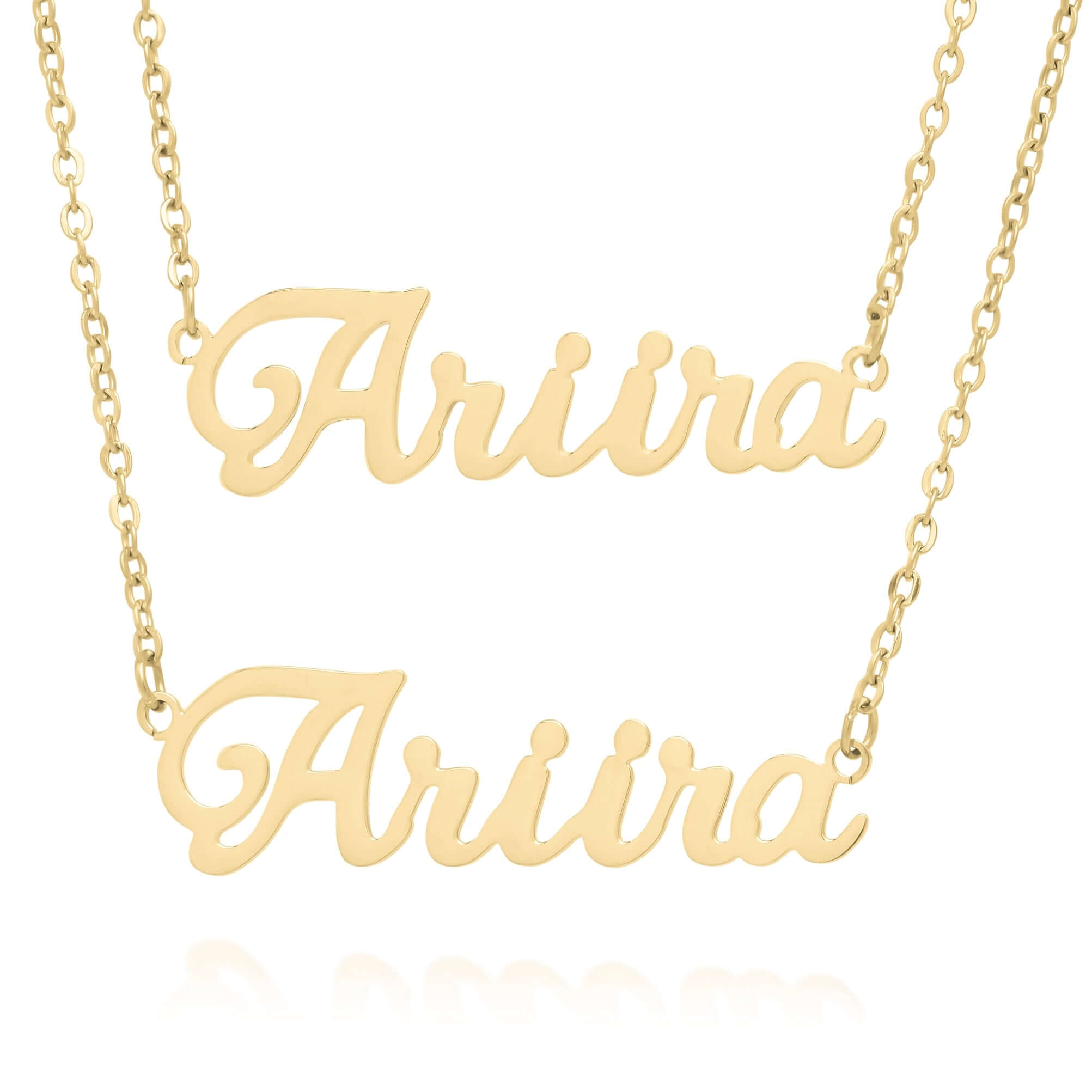 Ediza double layer personalized necklace featuring gold finish with two 'Ariira' name pendants and delicate chains.
