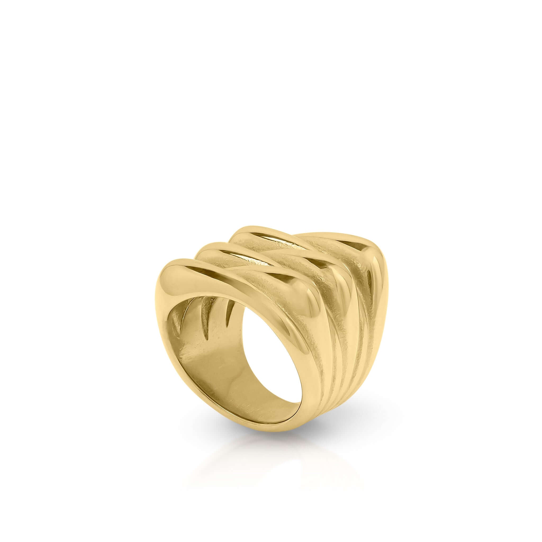 Alina Gold Sculpted Statement Ring by ARIIRA, featuring smooth wave-like ridges in gold-plated stainless steel.