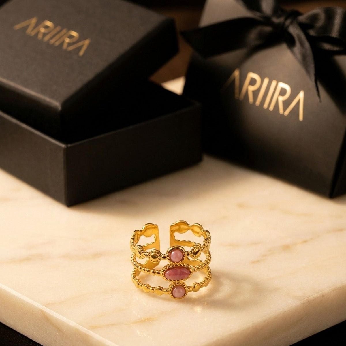 gold Soraj Three Layer Natural Stone Ring