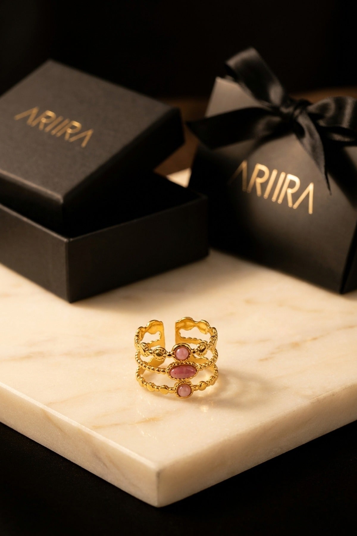gold Soraj Three Layer Natural Stone Ring