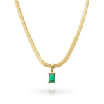 Elena emerald green gemstone necklace in gold-plated stainless steel, showcasing a sleek rectangular frame.