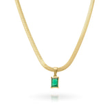 Elena emerald green gemstone necklace in gold-plated stainless steel, showcasing a sleek rectangular frame.