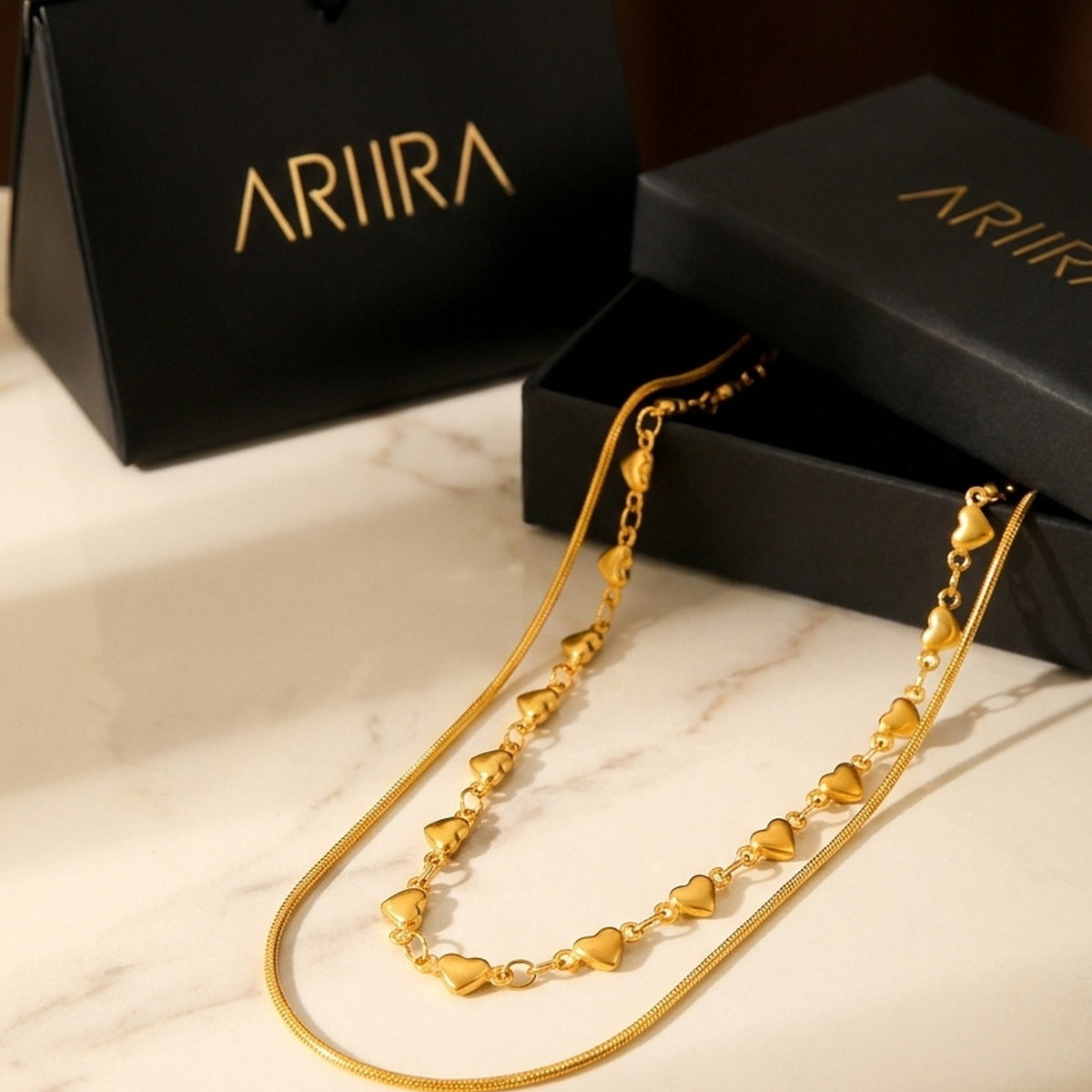 gold Hiyaf Double Layer Hearts Necklace