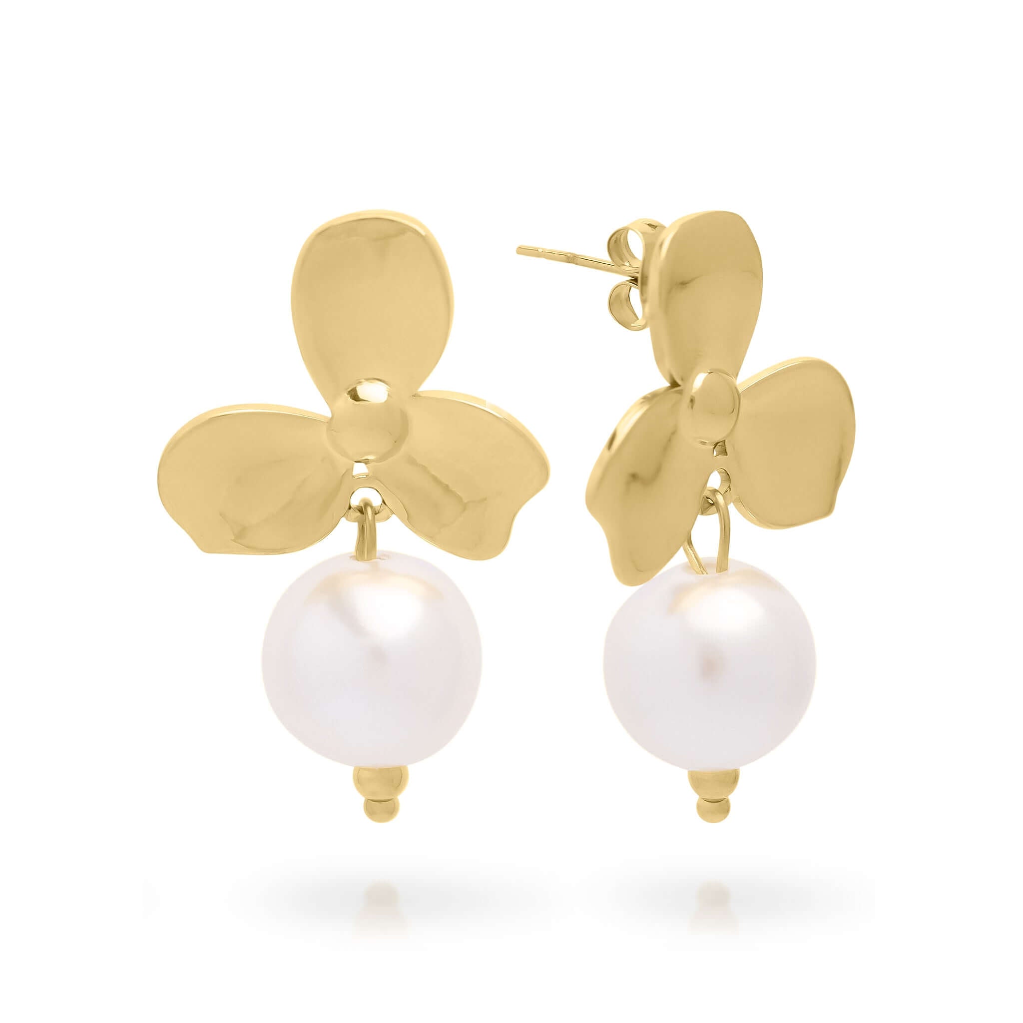 Leila Pearl Flower Drop Earrings by ARIIRA featuring gold flowers and pearl drops, ideal for elegance and charm.