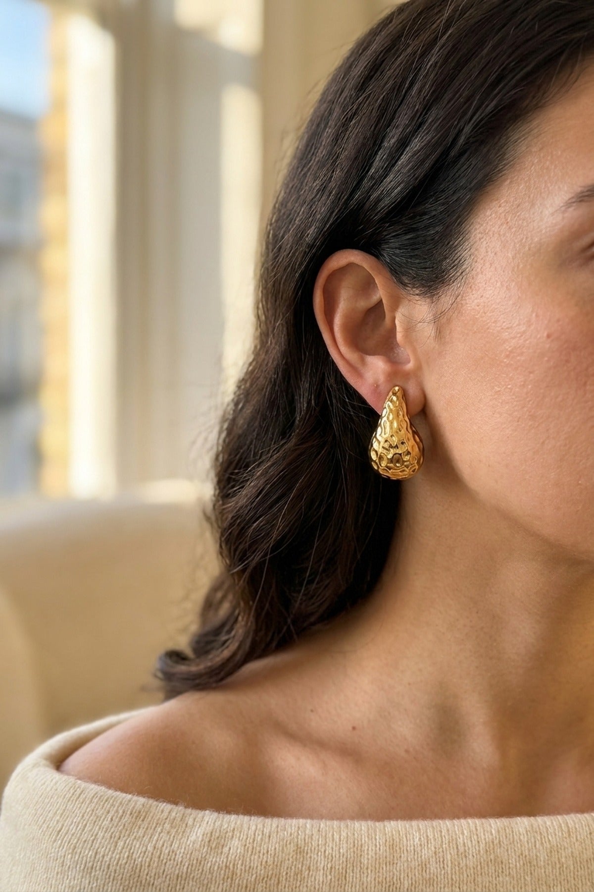 Gold Marigold Hammered Gold Tone Teardrop Studs