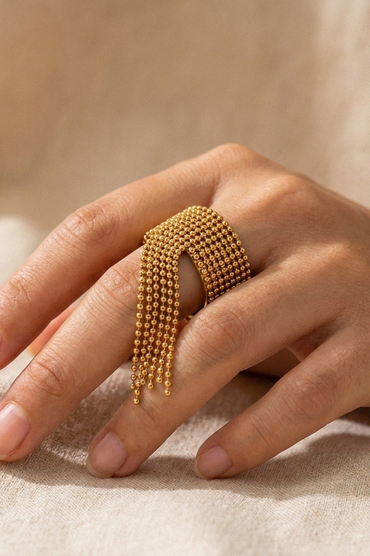 gold Imani Wide Beaded Mesh Ring