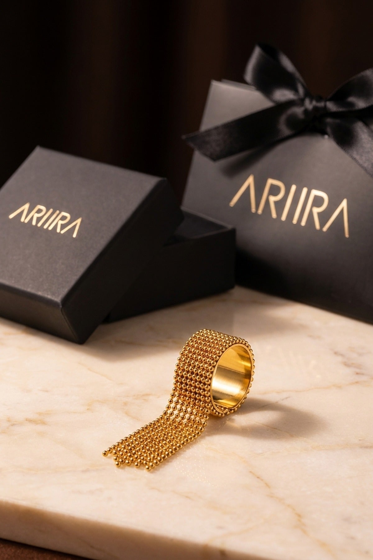 gold Imani Wide Beaded Mesh Ring