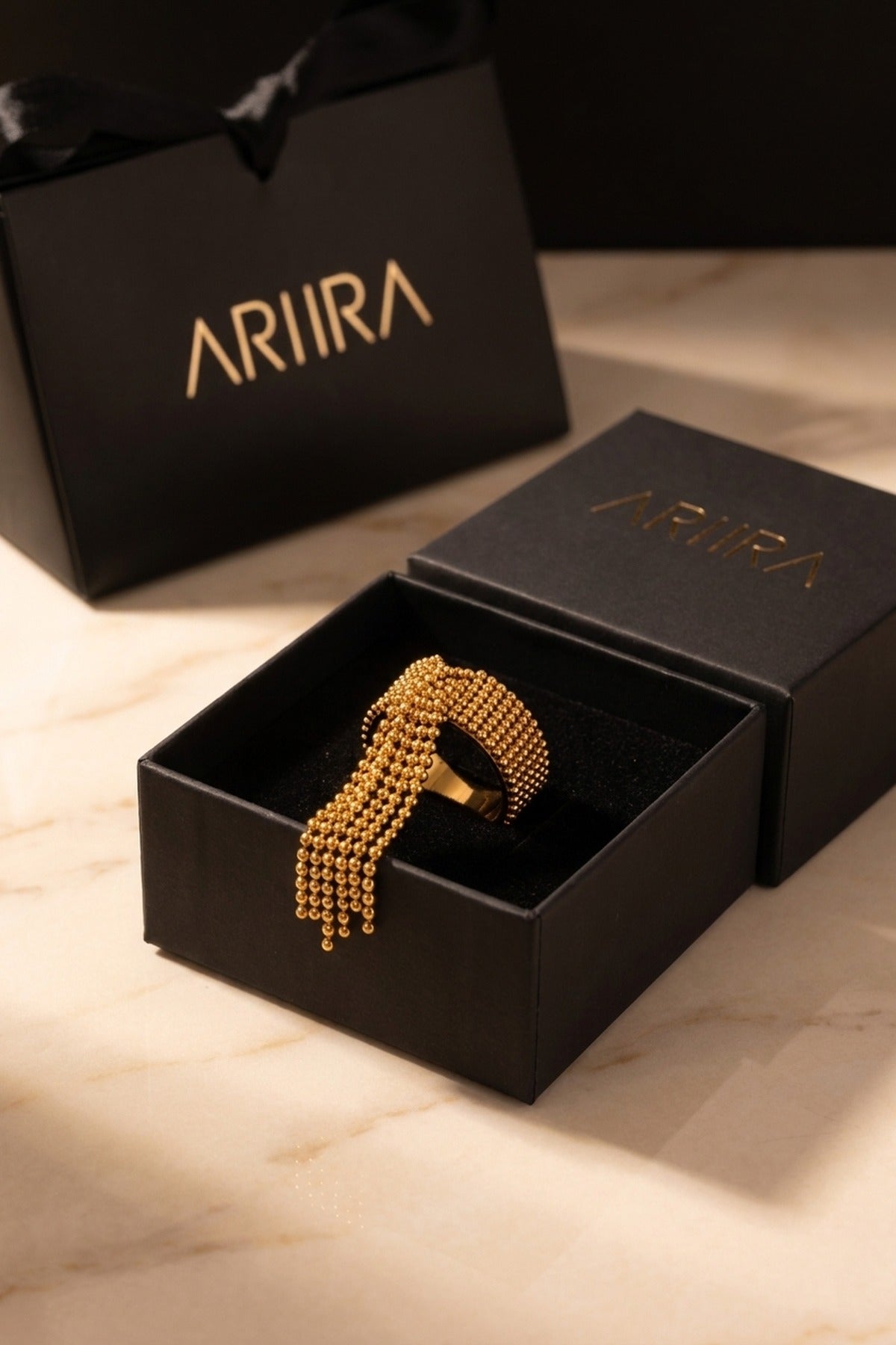 gold Imani Wide Beaded Mesh Ring