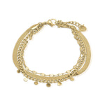 Siena Layered Gold Bracelet by ARIIRA featuring gold-plated chains, herringbone details, and disc accents.