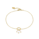 Freya Delicate Pearl Charm Bracelet by ARIIRA, featuring gold-plated chain and pearl-like beads, perfect for stacking.