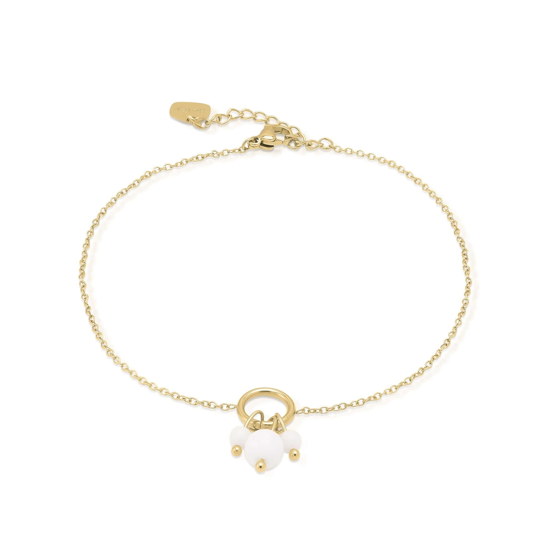 Freya Delicate Pearl Charm Bracelet by ARIIRA, featuring gold-plated chain and pearl-like beads, perfect for stacking.