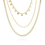 Isla Triple Layered Gold Necklace featuring textured chains and coin drops, crafted from tarnish-resistant gold-plated stainless steel.