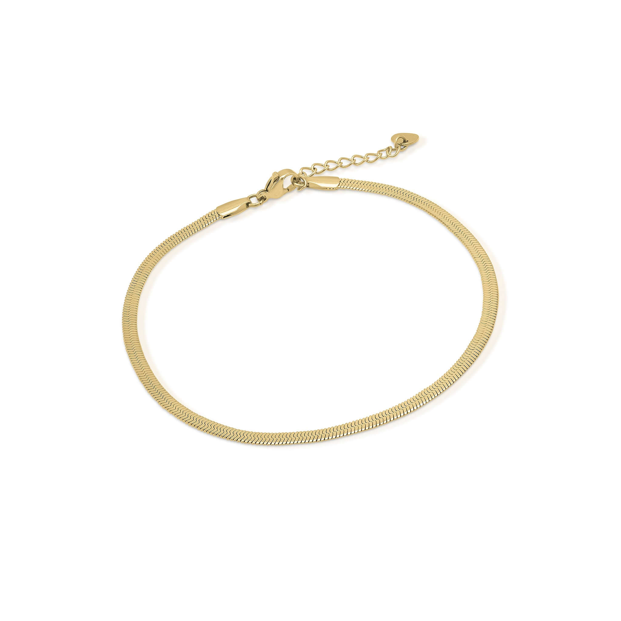 Layla Gold Herringbone Anklet by ARIIRA, a delicate gold-plated stainless steel anklet with a luxurious herringbone design.