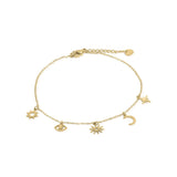 Aylin Gold Celestial Charm Anklet with sun, crescent moon, and starburst charms, crafted in gold-plated stainless steel.