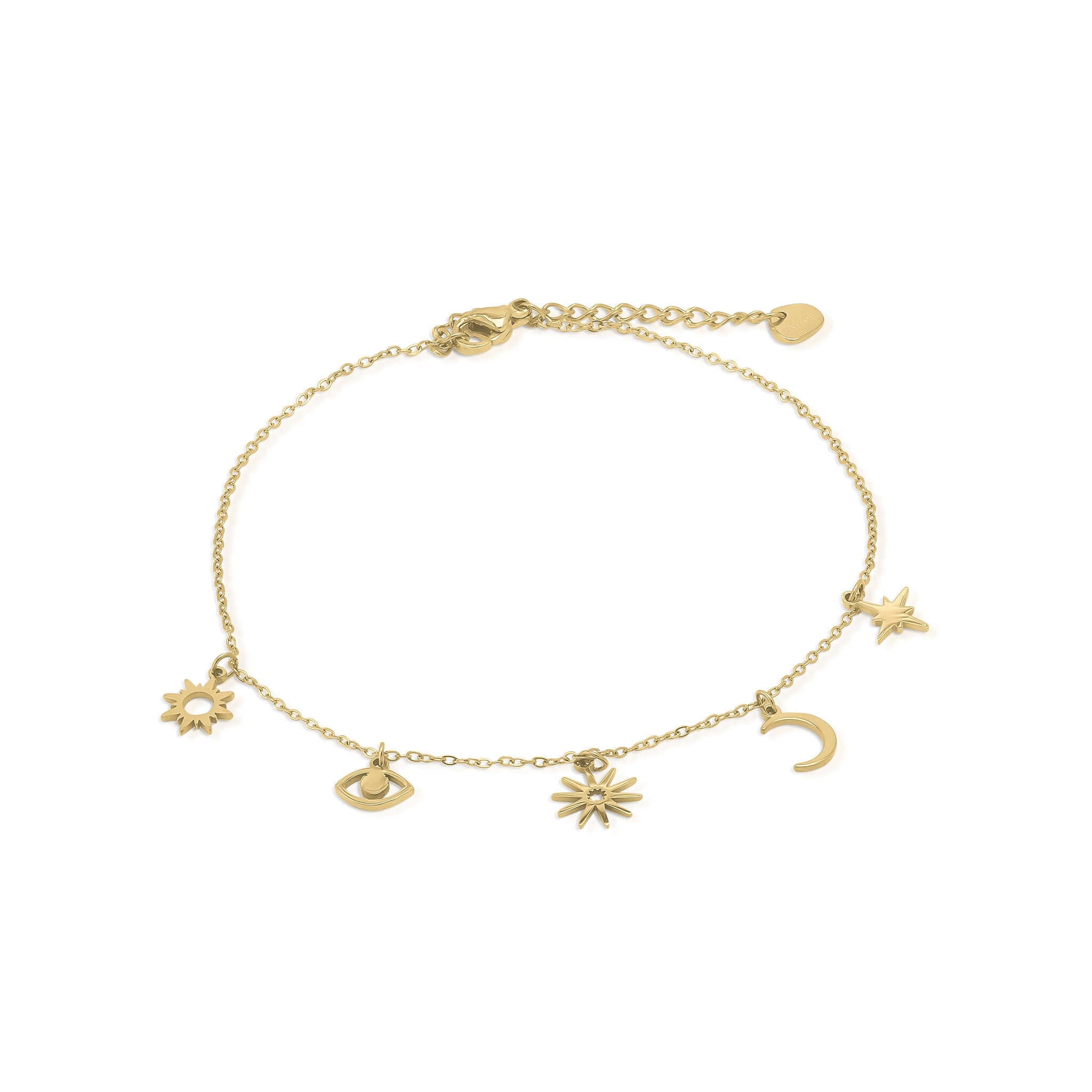Aylin Gold Celestial Charm Anklet with sun, crescent moon, and starburst charms, crafted in gold-plated stainless steel.