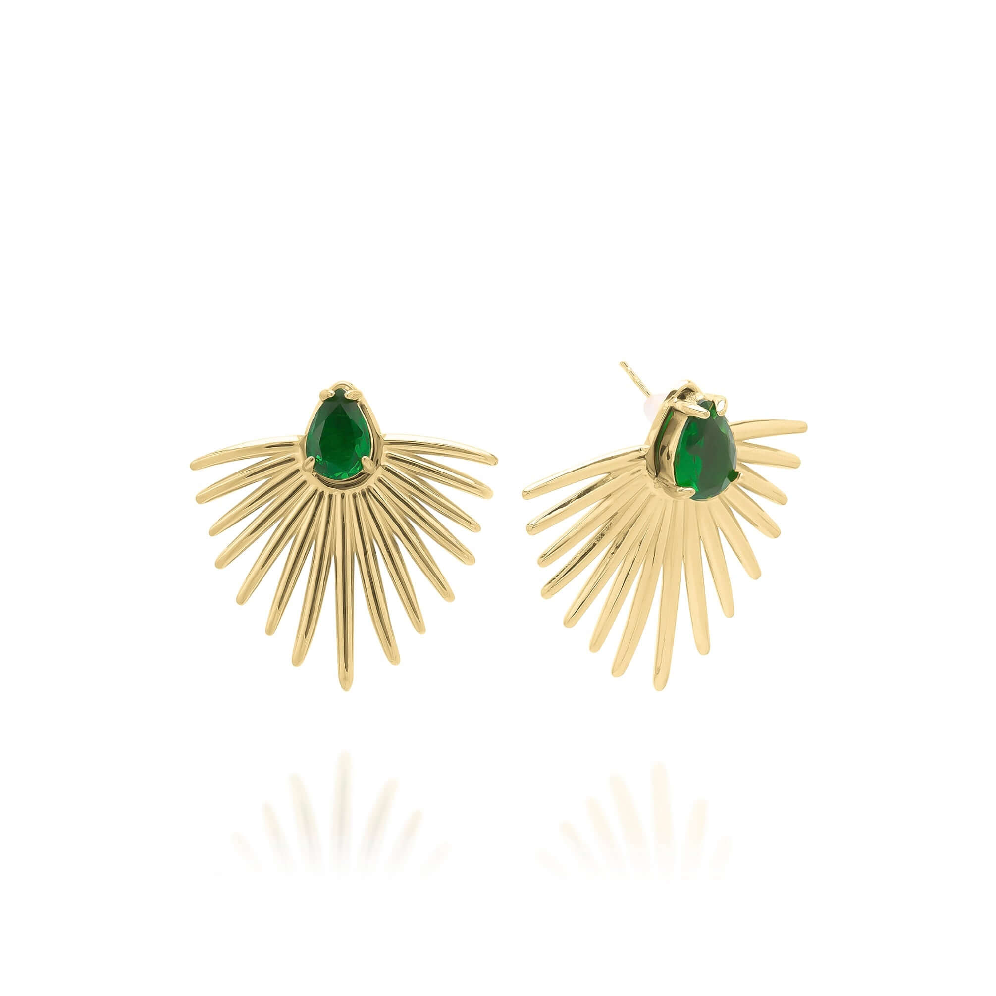 Alina Emerald Radiance Fan Earrings featuring pear-cut green gemstone and golden fan design by ARIIRA.
