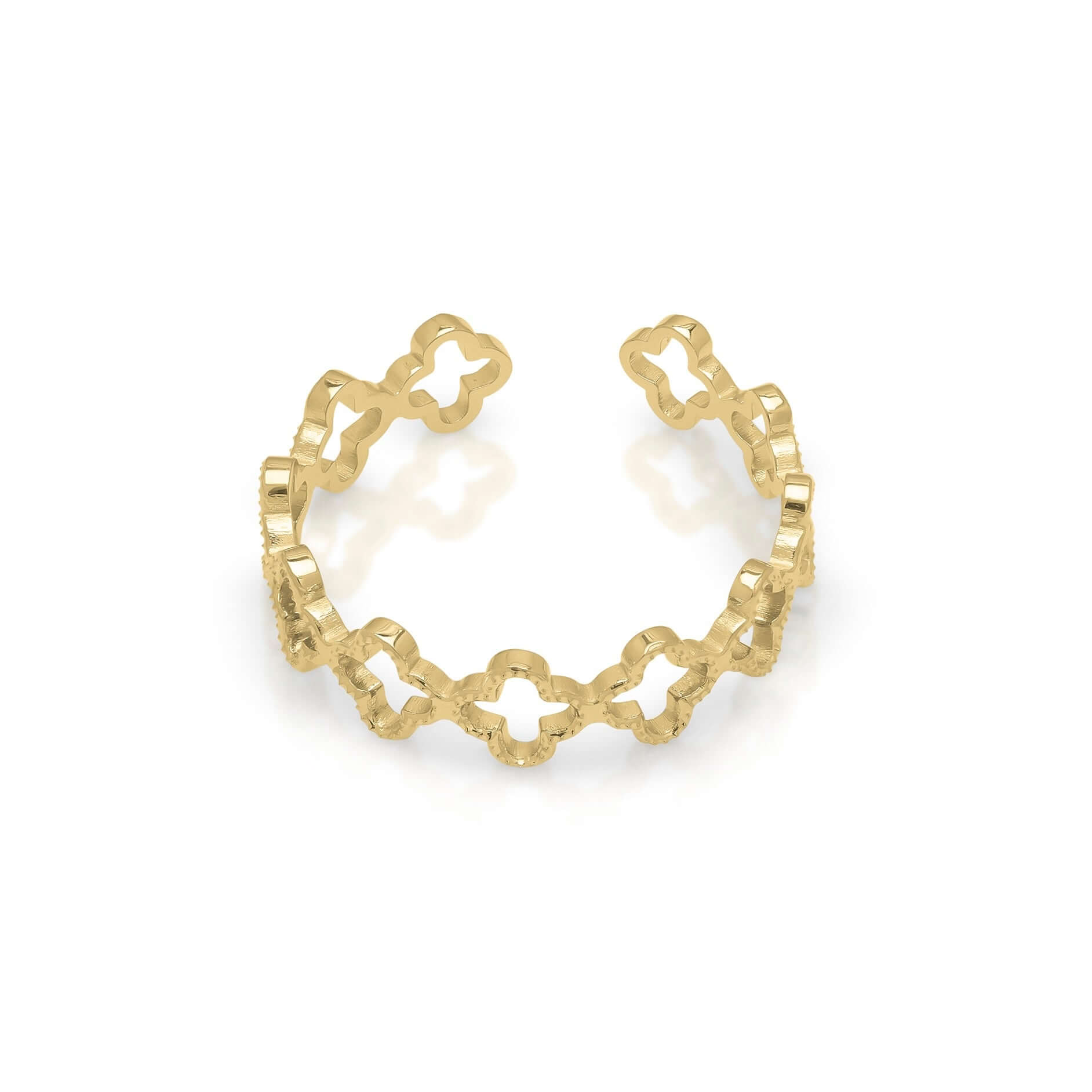 Amira Clover Cut Ring by ARIIRA, featuring an open clover design and textured finish, perfect for layering.