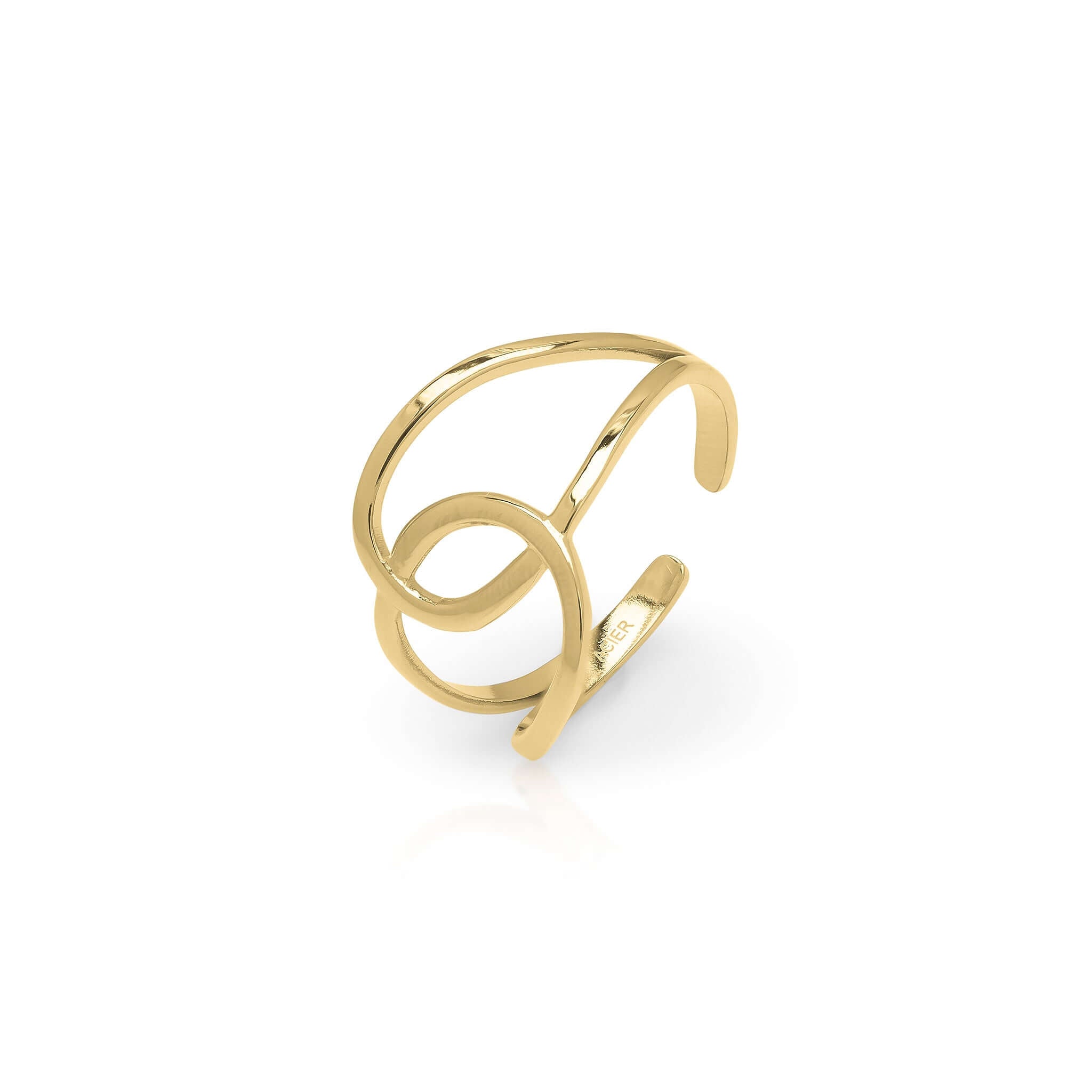 Amina Swirl Statement Ring by ARIIRA featuring gold sculptural curves and a fluid design.