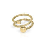 Sana Double Orb Twist Ring by ARIIRA featuring a twisted rope design with smooth gold and pearl orbs.