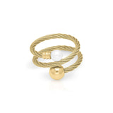 Sana Double Orb Twist Ring by ARIIRA featuring a twisted rope design with smooth gold and pearl orbs.