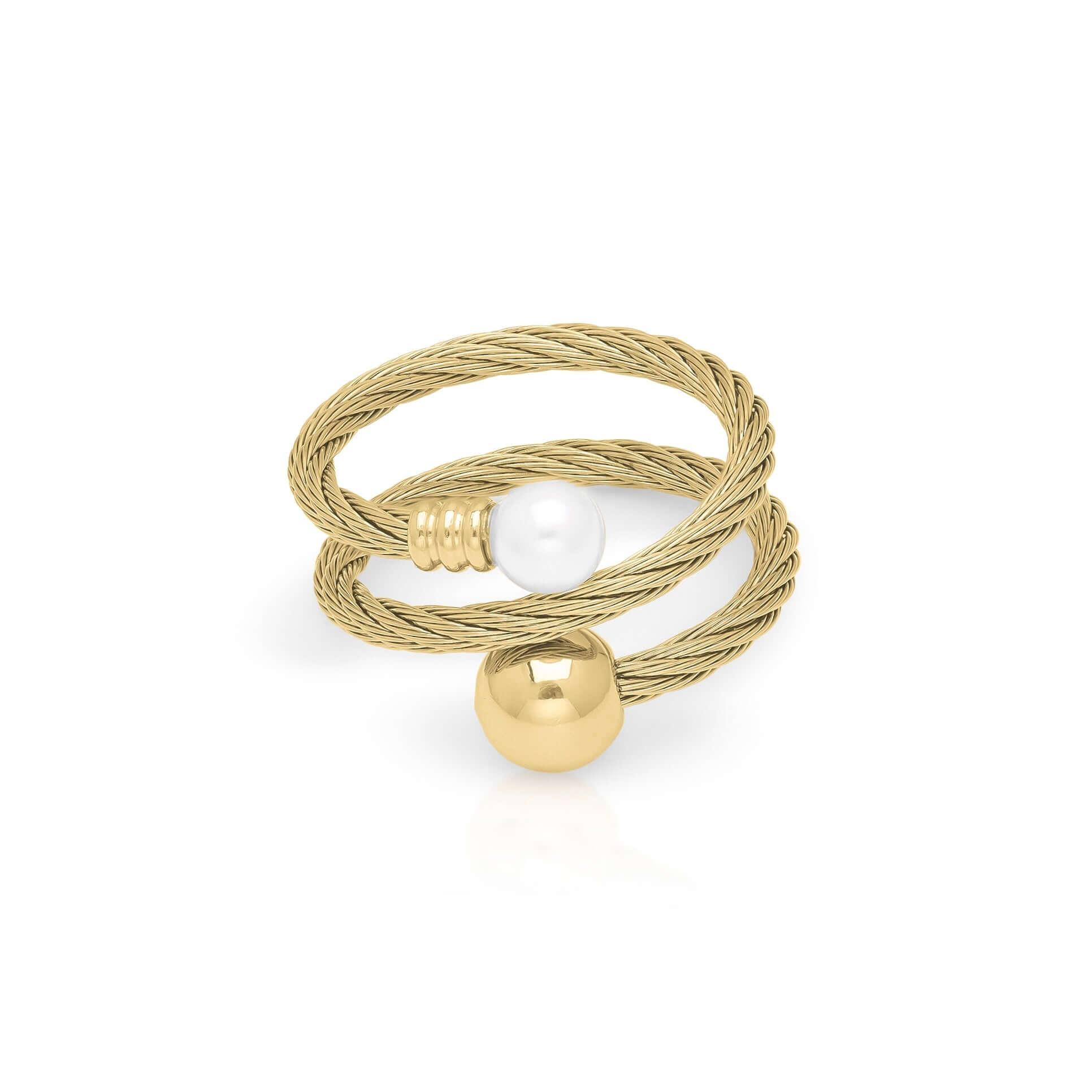 Sana Double Orb Twist Ring by ARIIRA featuring a twisted rope design with smooth gold and pearl orbs.