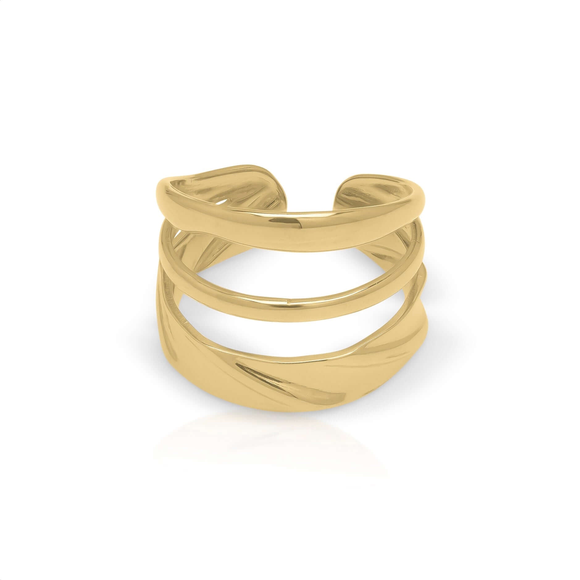 Liana Triple Curve Ring by ARIIRA featuring a bold, sculptural design with three curved bands in gold.