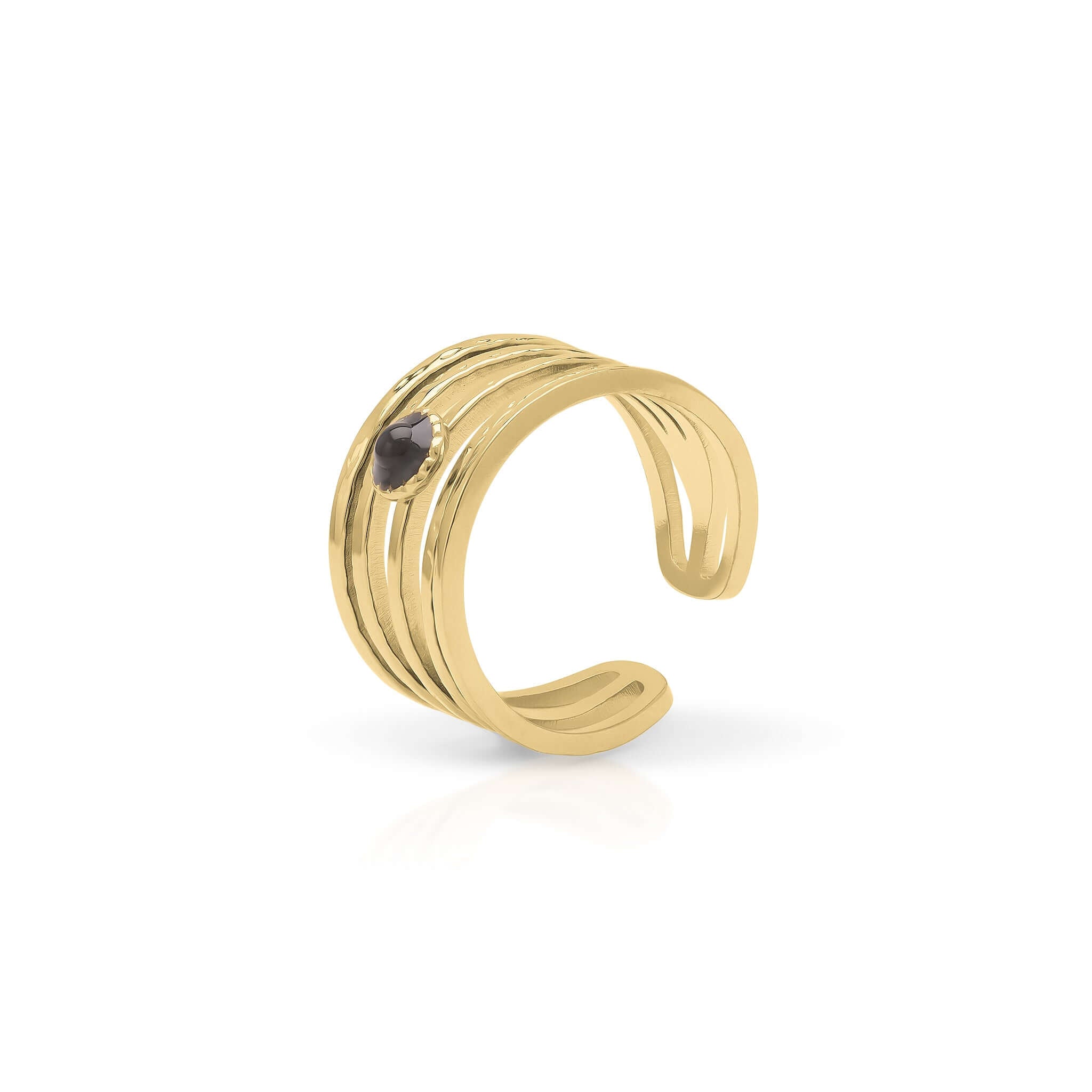 Lena Layered Black Stone Ring by ARIIRA, featuring gold bands and a central black stone for elegant everyday wear.