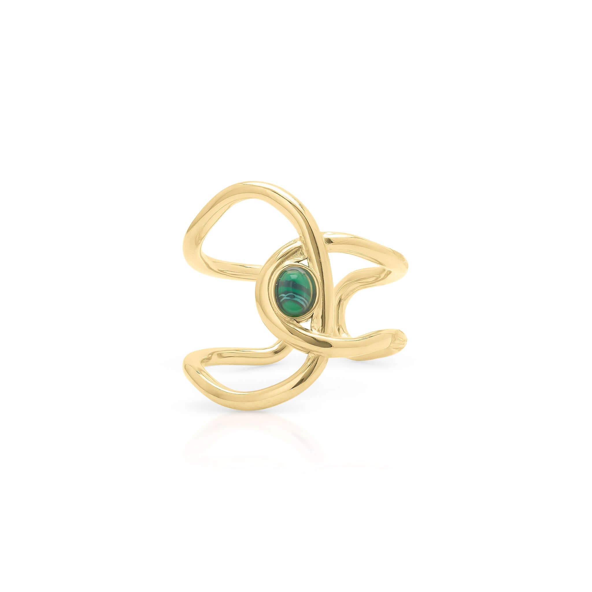 Lyra Green Stone Open Ring by ARIIRA featuring a deep green stone and sculptural gold design, adjustable and lightweight.