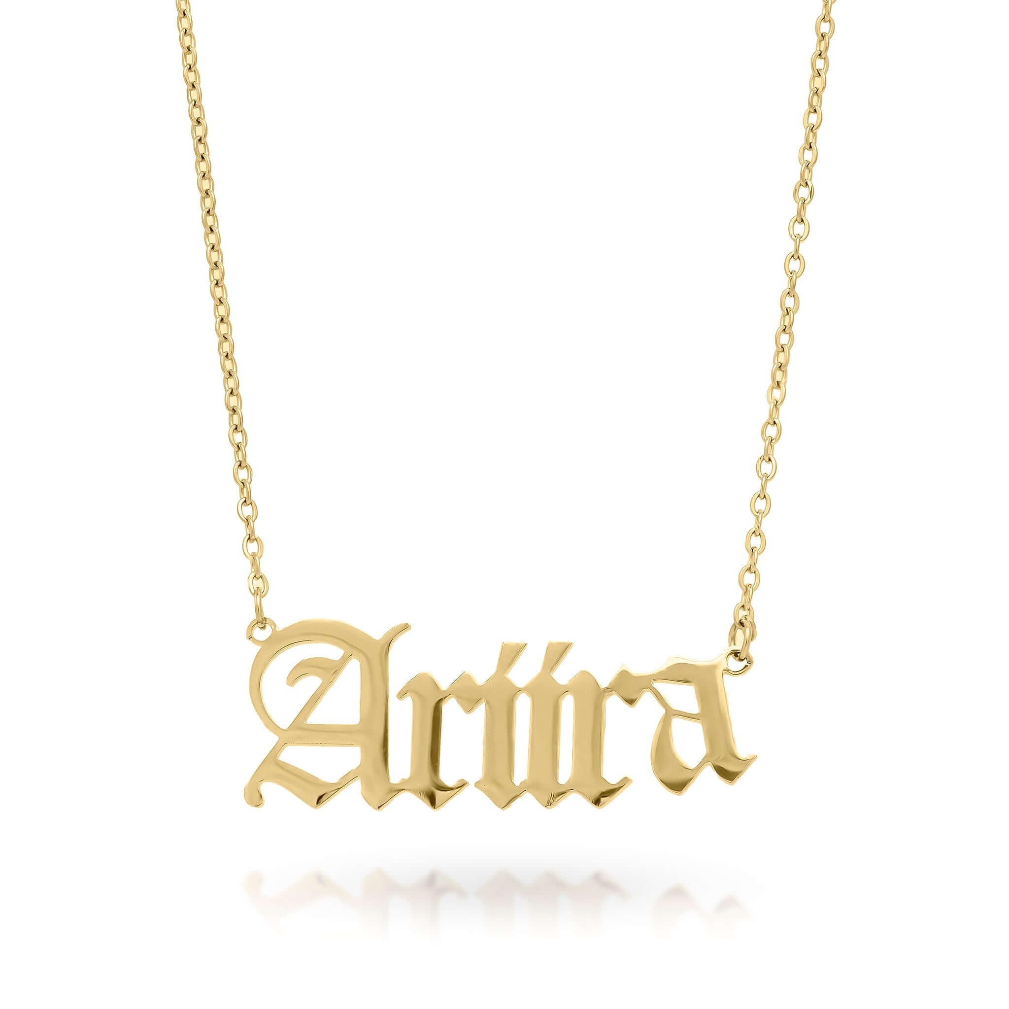 Ayla Custom Name Necklace in gold-plated stainless steel featuring the name 'Ariira', elegant and personalized jewelry.