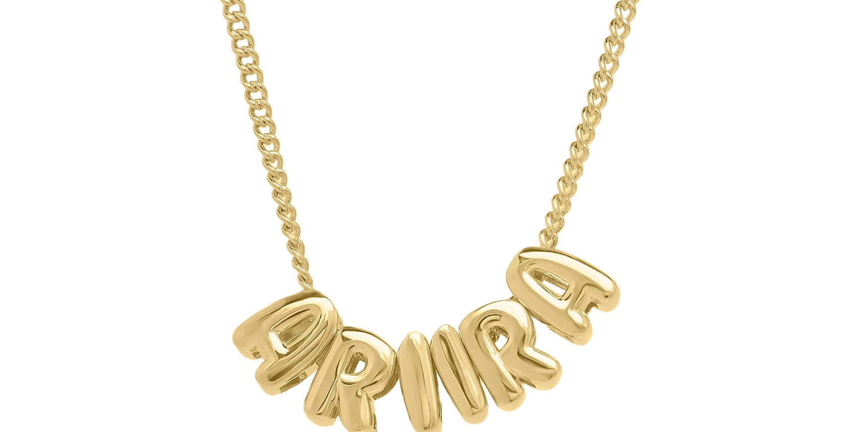 Lana Bubble Font Name Necklace in Gold with the name ARIIRA, showcasing a playful and bold design.