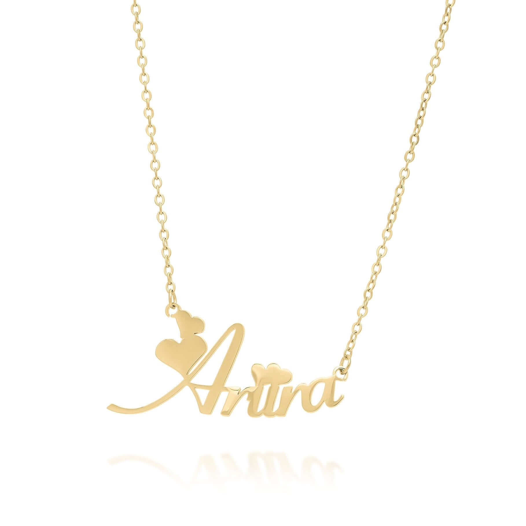 Custom gold name necklace with flowing script and heart accents, featuring the name ARIIRA, symbolizing love and identity.