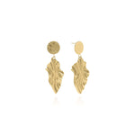 Layla Textured Drop Statement Earrings by ARIIRA with hammered disc and sculptural leaf drop design.