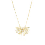 Elara Radiant Sunburst Pendant Necklace featuring crystal detail and golden spikes, perfect for healing and style.