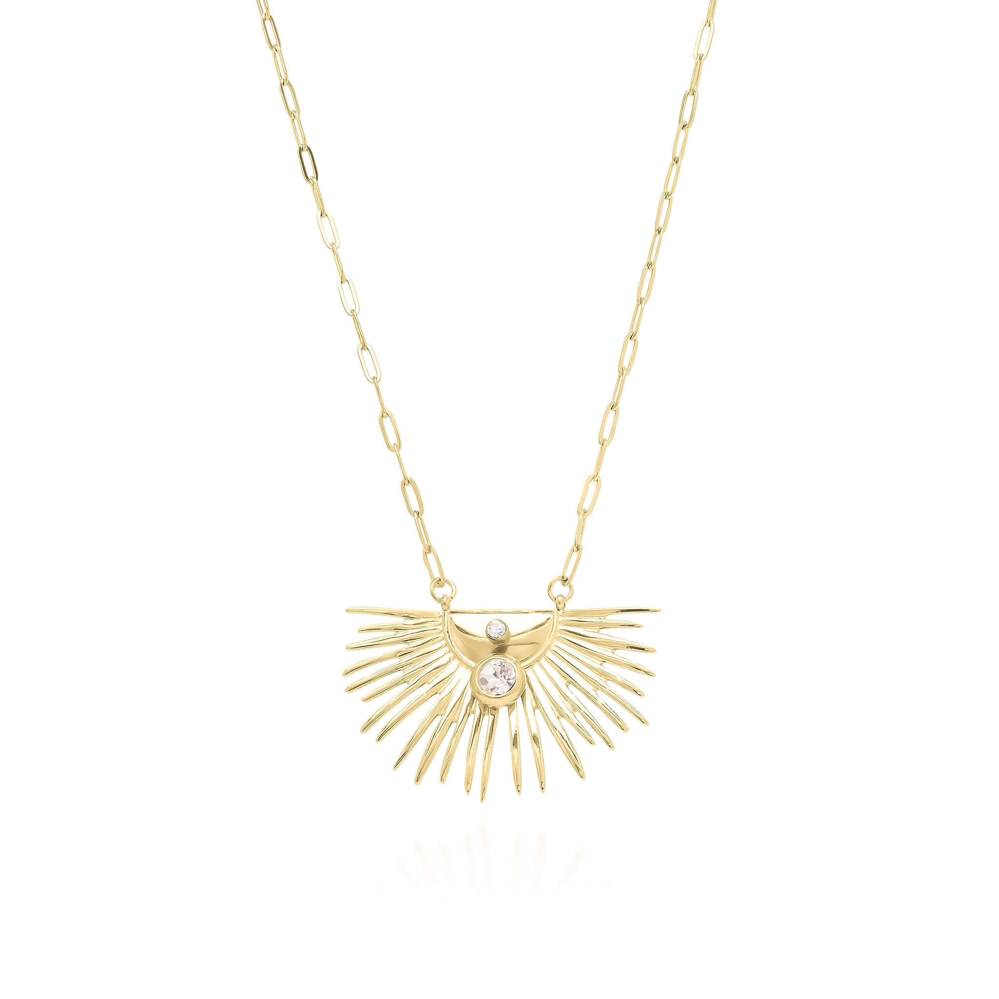 Elara Radiant Sunburst Pendant Necklace featuring crystal detail and golden spikes, perfect for healing and style.